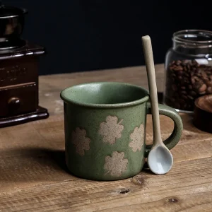 Handmade Stoneware Coffee Mug Small Retro Ceramic Cup Ins Style Sesame Glaze Clover Green