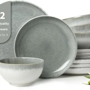 Gradient Green Stoneware Dinnerware Set, 12-Piece Reactive Glaze Plates and Bowls for 4, Chip-Resistant Modern Ceramic Dishes