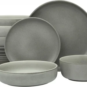 16-Piece Stoneware Dinnerware Set for 4, Grey Reactive Glaze Plates and Bowls, Durable Ceramic Dishes