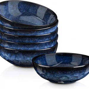 Ceramic Salad Bowls Set of 6, 32oz Chip Resistant Dishwasher Microwave Safe Large Fluted Stoneware Blue