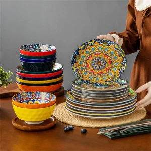 24 Piece Bohemia Retro Plates and Bowls Ceramic Dinnerware Set Stoneware Dinner/Dessert Plate Salad Soup Bowls Tableware Set