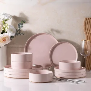 Speckled Ceramic Dinnerware Set for 4, 12-Piece Pink Stoneware Plates and Bowls, Dishwasher & Microwave Safe