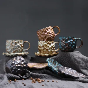 Handmade Stoneware Coffee Mug Set Ceramic Cup Saucer with Rustic Glaze Hand-Thrown Pottery Espresso Latte Coffee Lover Gifts